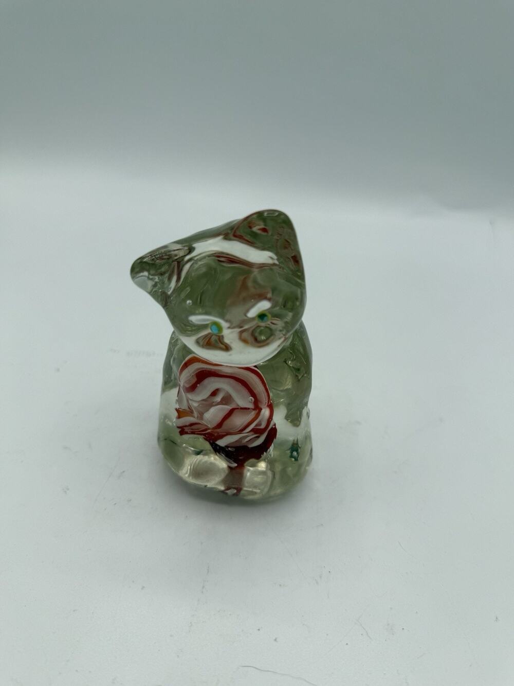 Vintage Art Glass Cat Figurine Paperweight Clear Red White Swirl Green Eyes